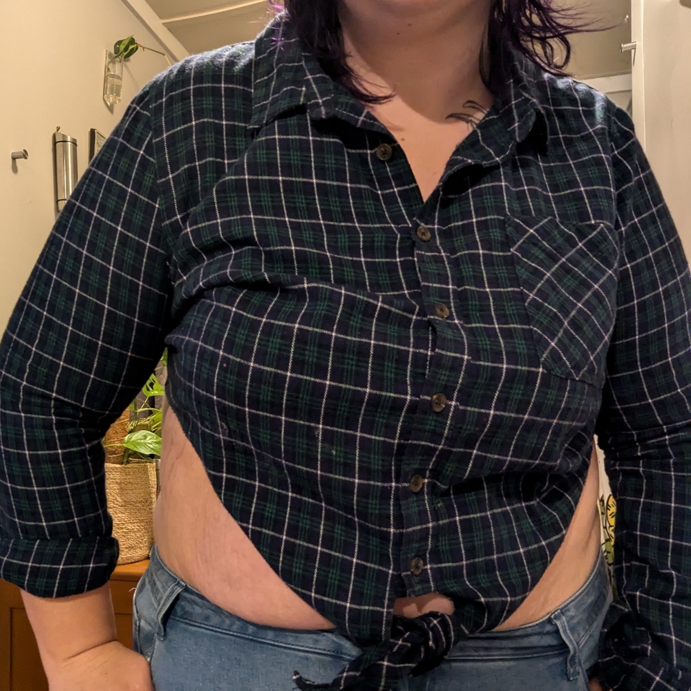 Green and Blue Tie Front Crop Button Down Shirt